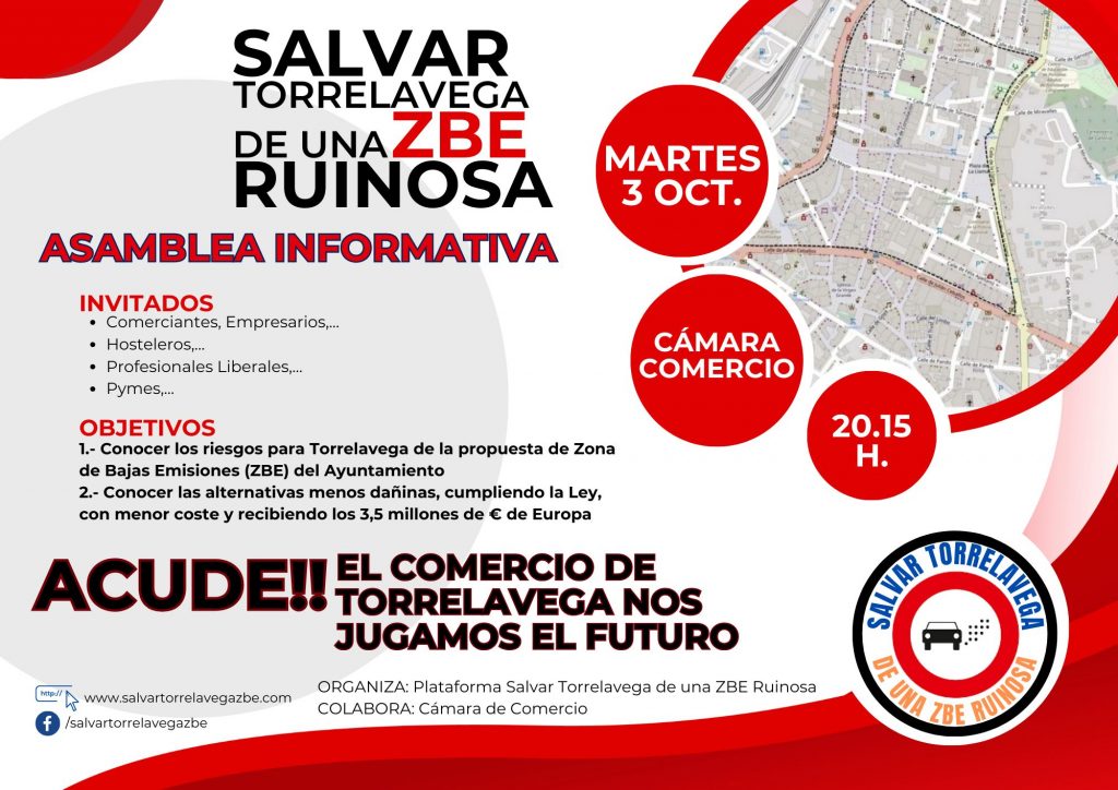 Comerciantes, Empresarios, Hosteleros, Profesionales Liberales y Pymes os extendemos esta invitación a la 𝗔𝘀𝗮𝗺𝗯𝗹𝗲𝗮 𝗜𝗻𝗳𝗼𝗿𝗺𝗮𝘁𝗶𝘃𝗮 que hemos organizado en colaboración con la Camara Torrelavega sobre la implantación de la Zona de Bajas Emisiones (ZBE) en Torrelavega.